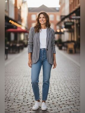 Sanctuary Charcoal & White Striped Open-Front Blazer
